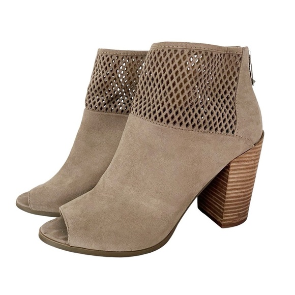 Report Barnack Ankle Booties Women's Size 8 Grey Tan Open Toe Laser Cut Heel Zip - Picture 9 of 10